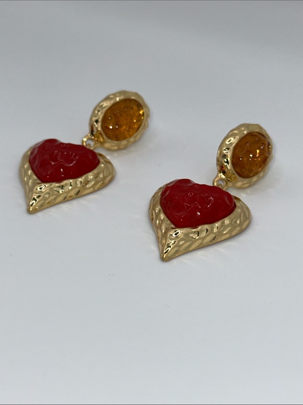 Gold-Tone Red Heart Drop Earrings and necklace with Amber Accent